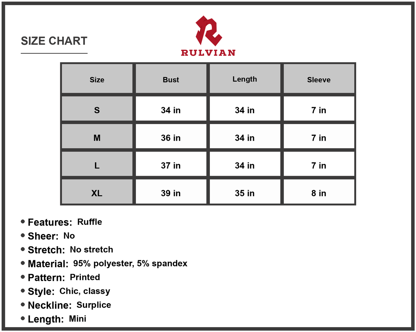 Size Chart - Women's Printed Smocked Waist Layered Surplice Dress Mini Length Flutter Sleeves 95% Polyester 5% Spandex Fabric