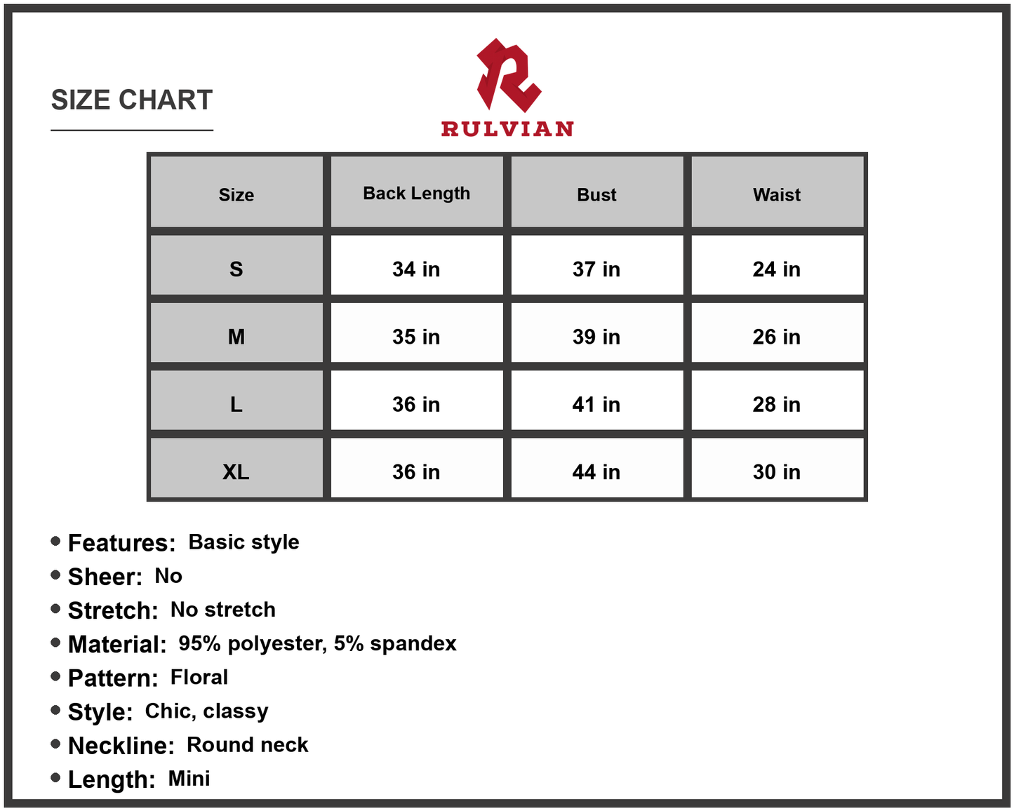 Size Chart - Women's Floral Tied Sleeveless Mini Dress Casual Chic Everyday Wear Lightweight 95% Polyester 5% Spandex Everyday Look