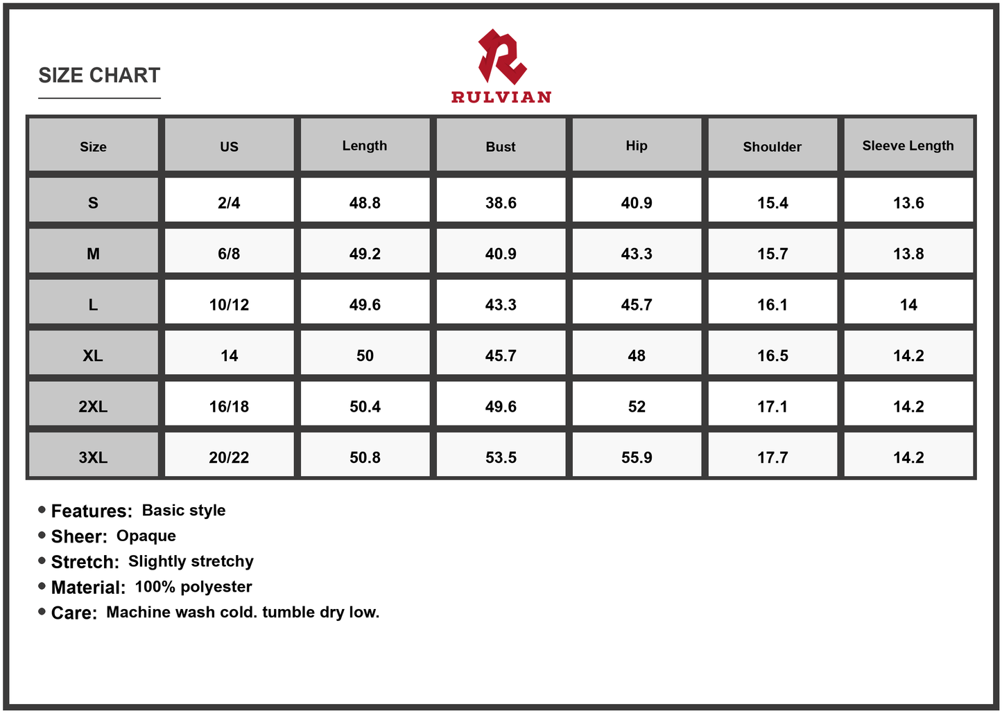 Size Chart - Women's Full Size Midi Dress with Notched Half Sleeve and 100% Polyester Fabric Opaque Finish for Everyday Wear