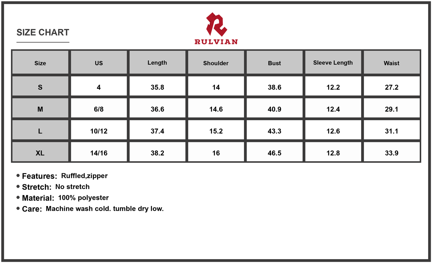 Size Chart - Women's Floral Print Zipper Ruffled Short Sleeve High Waist Mini Dress 100% Polyester Lightweight Dress for Summer