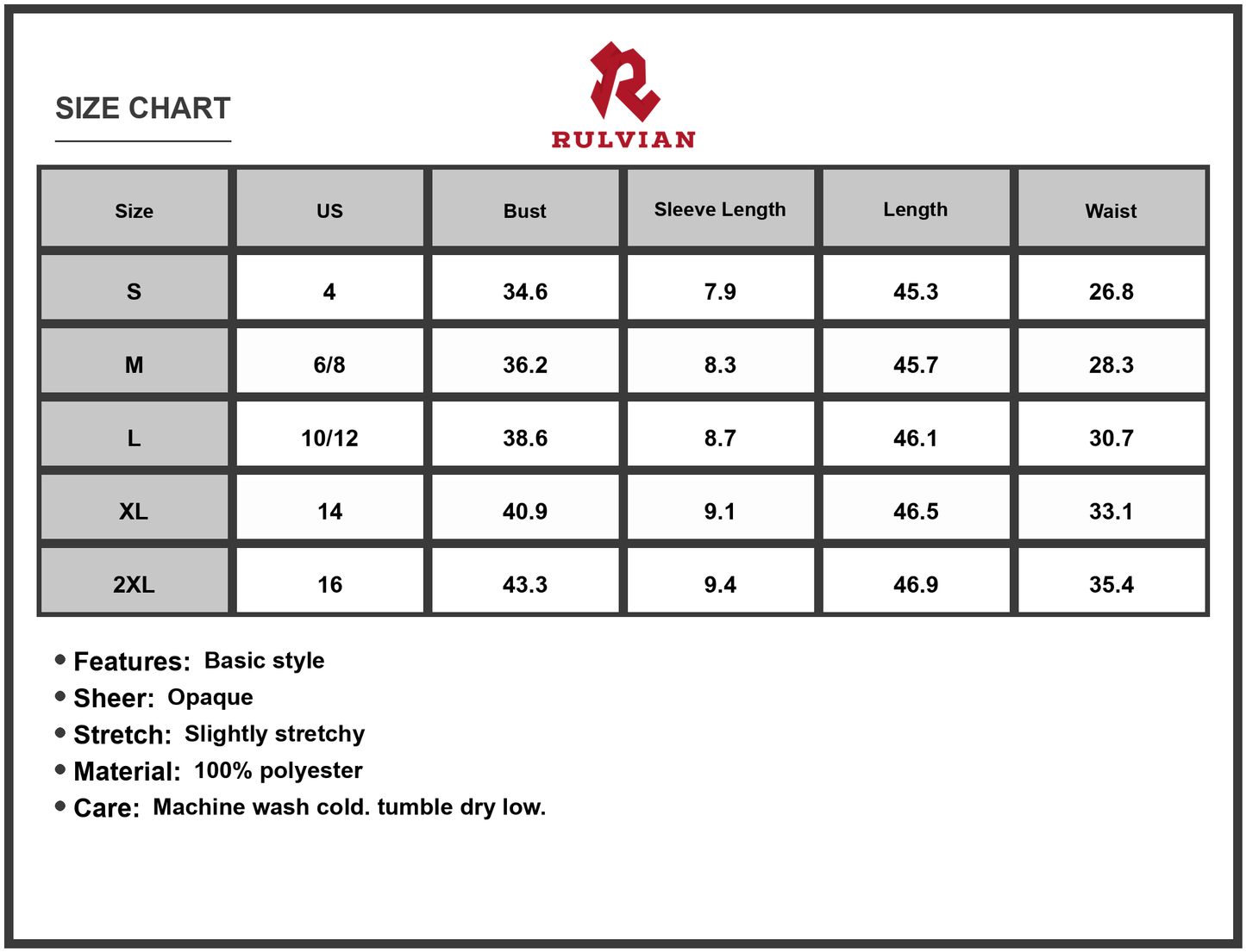 Size Chart - Women's Surplice Puff Sleeve Midi Dress with Sheer Overlay and Stretch for Elegant Silhouette Fabric 100% Polyester