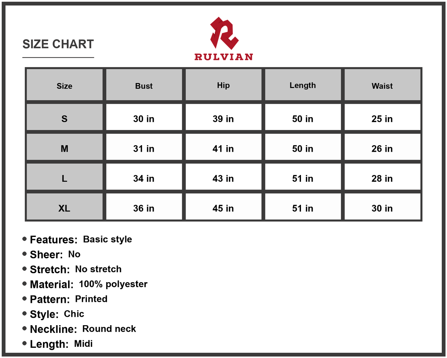 Size Chart - Women's Printed Round Neck Sleeveless Midi Dress with A Line Hem Made of 100% Polyester Fabric for a Chic Look