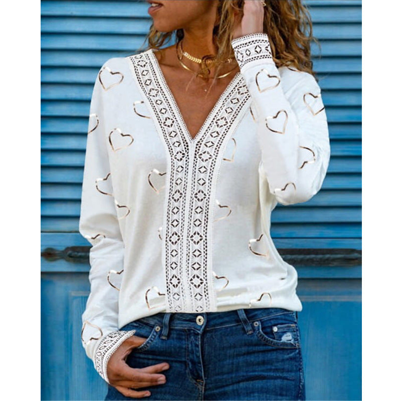 Women's V Neck Long Sleeve Top with Lace Trim and Soft Feel 60% Cotton 40% Polyester White Everyday Comfort