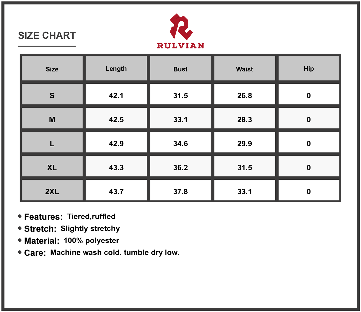 Size Chart - Women's Printed Square Neck Maxi Cami Dress with Tiered Ruffles and Slightly Stretchy Bodice Polyester % Fabric