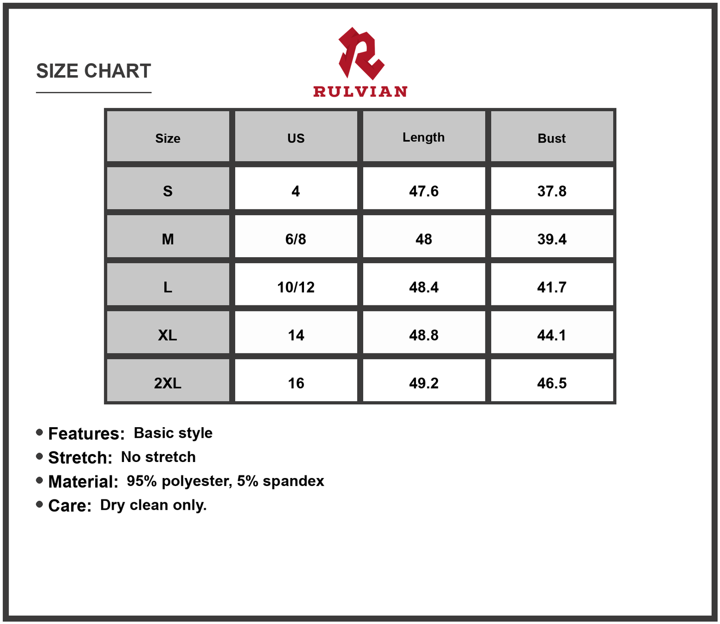 Size Chart - Women's Round Neck Sleeveless Midi Sheath Dress with Zip Up Closure Ideal For Office Or Party Polyester% Spandex fabric