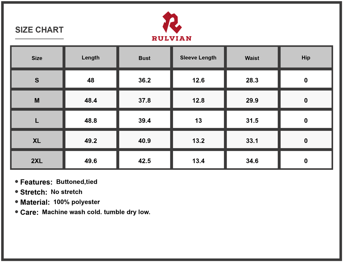 Size Chart - Womens Printed Short Sleeve Shirt Dress 100% Polyester Fabric Light Breathable Everyday Wear Easy Care Versatile