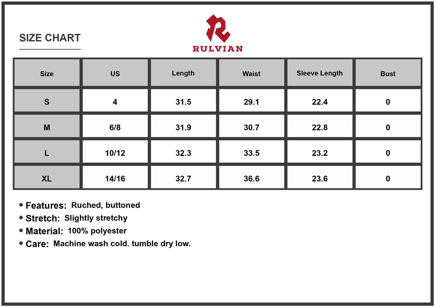 Size Chart - Women's Textured V Neck Mini Dress with Ruched and Buttoned Details Polyester % for Elegant Everyday Wear All Year