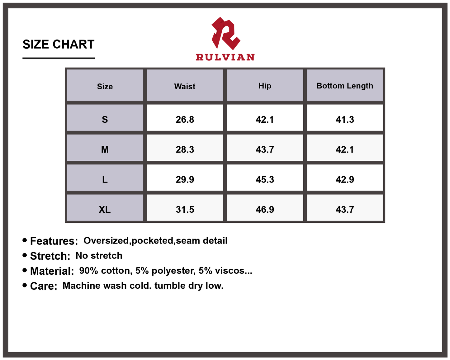 Size Chart - Men's Washed Curved Jeans with Contrast Stitching Oversized Fit Pocketed Durable Premium Denim for Everyday Casual Wear