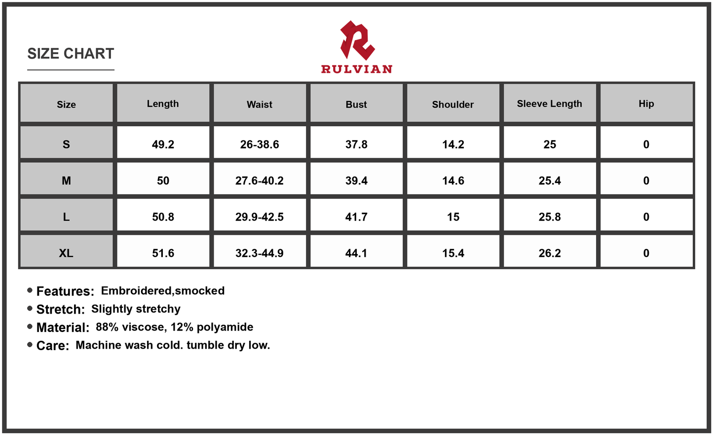 Size Chart - Women's Embroidered Notched Long Sleeve Midi Dress with 88% viscose and 12% polyamide fabric for versatile wear