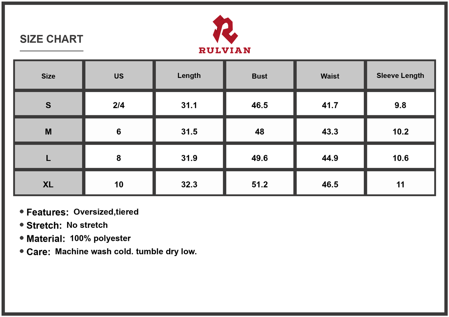 Size Chart - Women's V-Neck Babydoll Tiered Mini Dress 100% Polyester Lightweight Short Sleeve Flowy Everyday for Spring and Summer