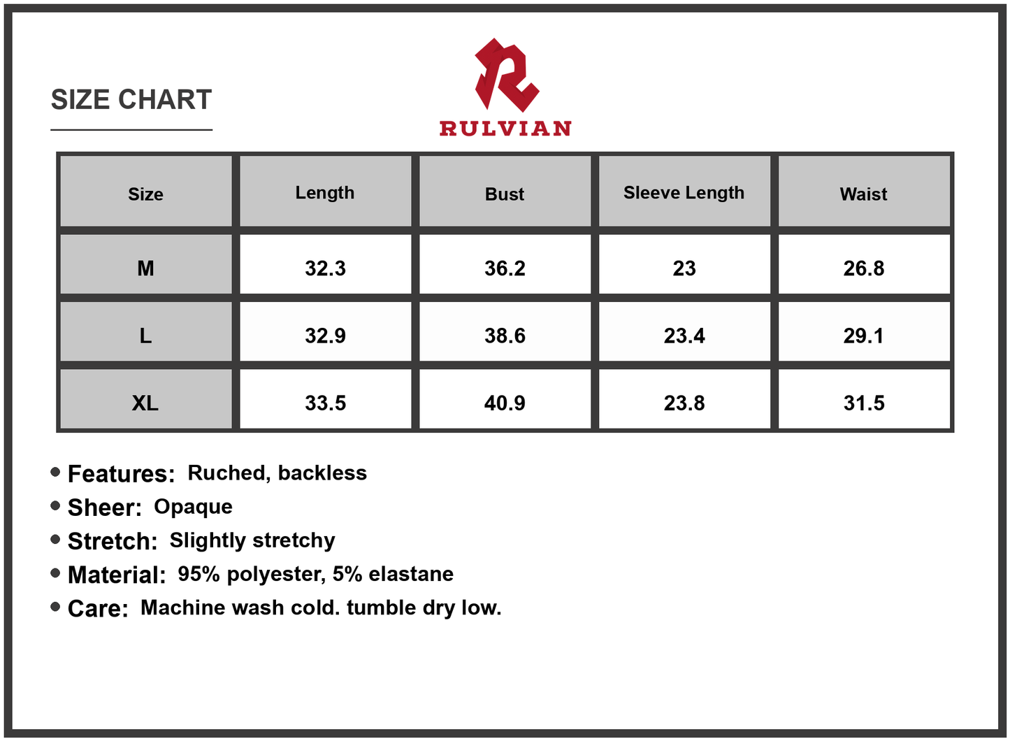 Size Chart - Women's Backless Glitter Square Neck Long Sleeve Mini Dress Ruched Sheer Bodice Opaque Stretch Fabric Polyester Elastane