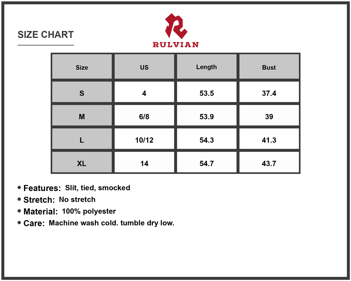 Size Chart - Women's Sleeveless Tied Back Printed Maxi Dress with Slit Front for Everyday Wear one hundred percent polyester