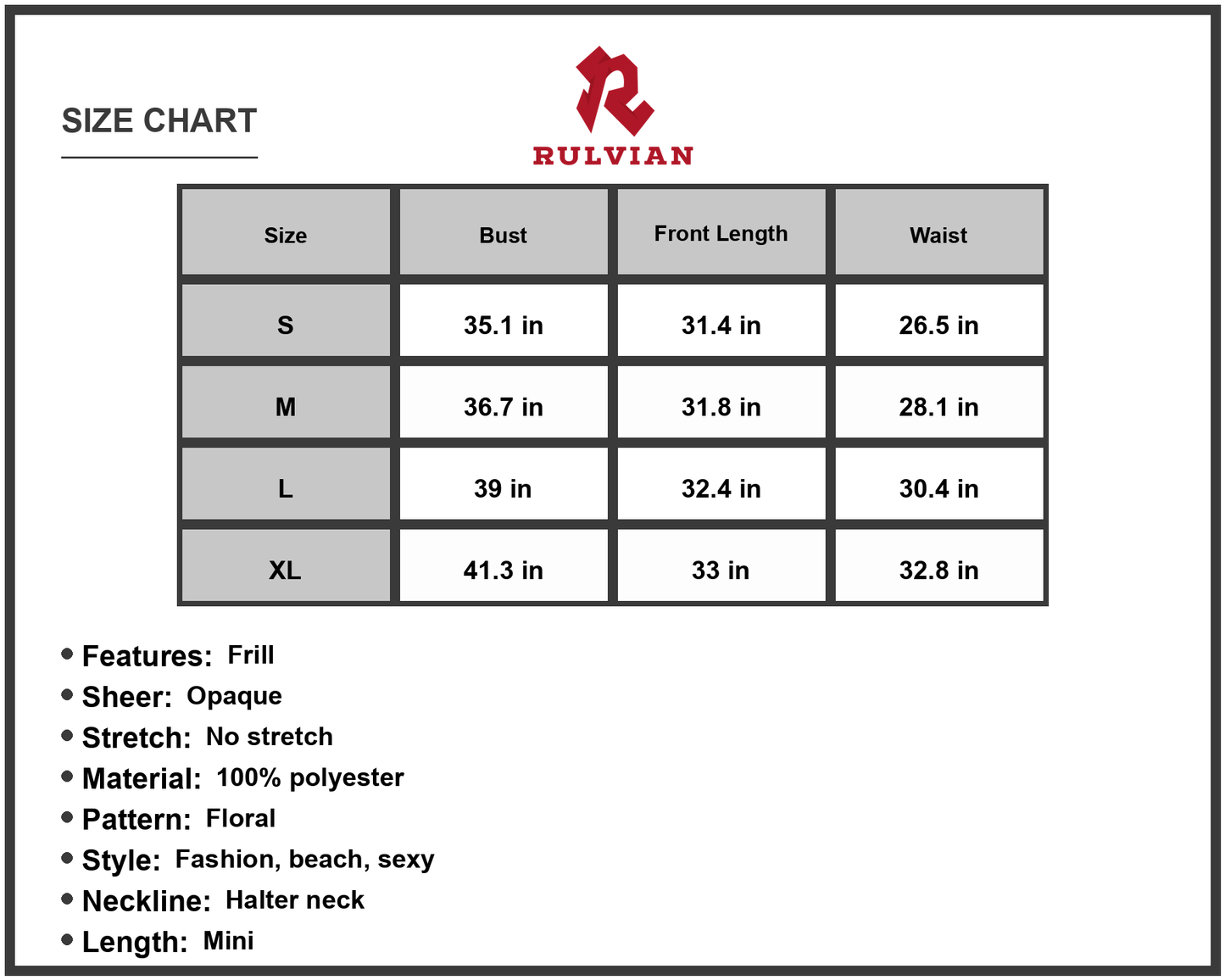 Size Chart - Women's Honey Floral Halter Neck Backless Dress for Beach Parties Mini A Line Sleeveless Frill Neckline 100% Polyester
