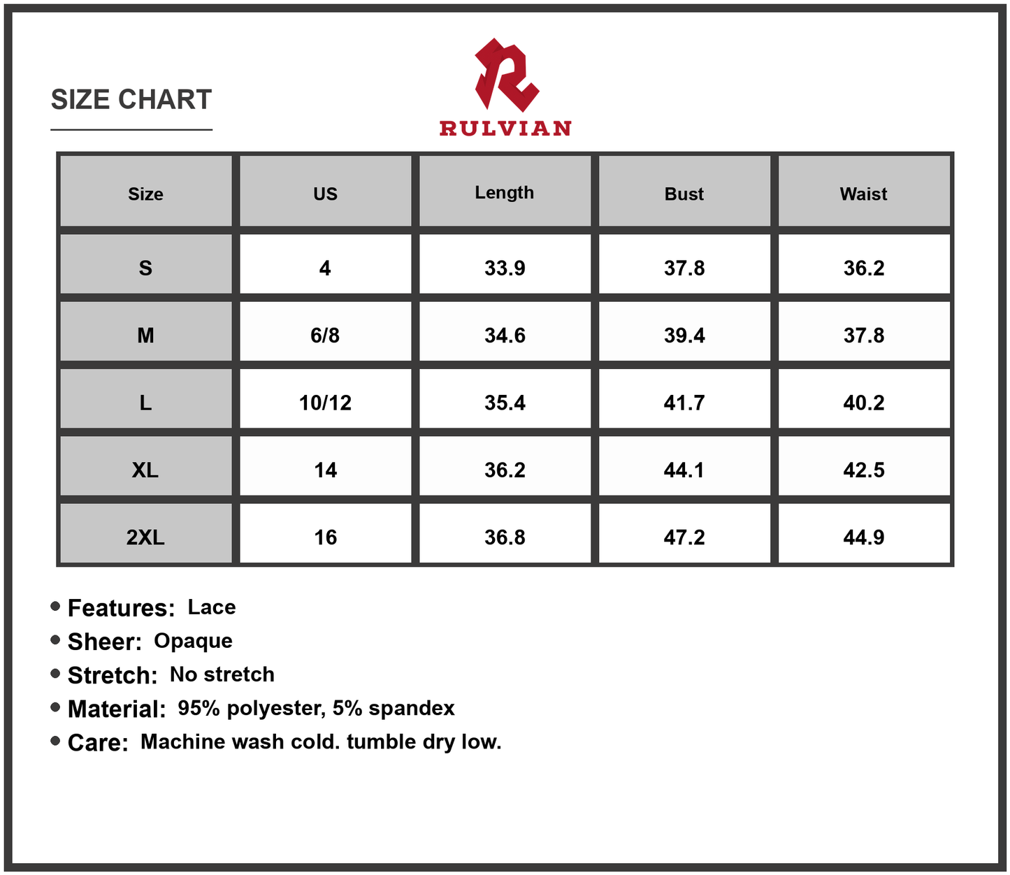 Size Chart - Women's Lace Trim Printed V Neck Three Quarter Sleeve Dress 95% Polyester 5% Spandex Comfortable Everyday Wear