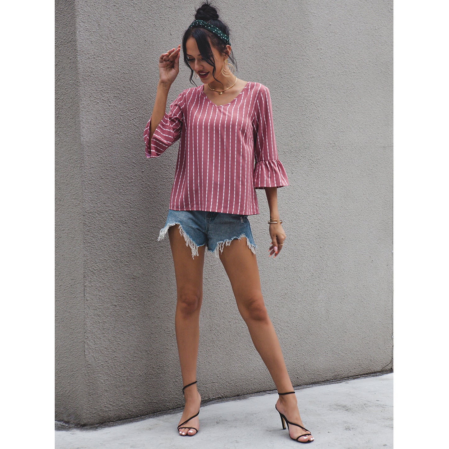 Women's V Neck Striped T Shirt Pink Short Sleeve Casual Top For Everyday Wear Lightweight Polyester % Fabric