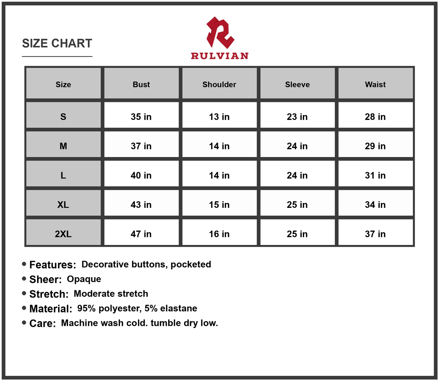 Size Chart - Women's Scoop Neck Empire Waist Long Sleeve Dress with Pockets 95% Polyester 5% Elastane Comfortable Easy Care Drapes