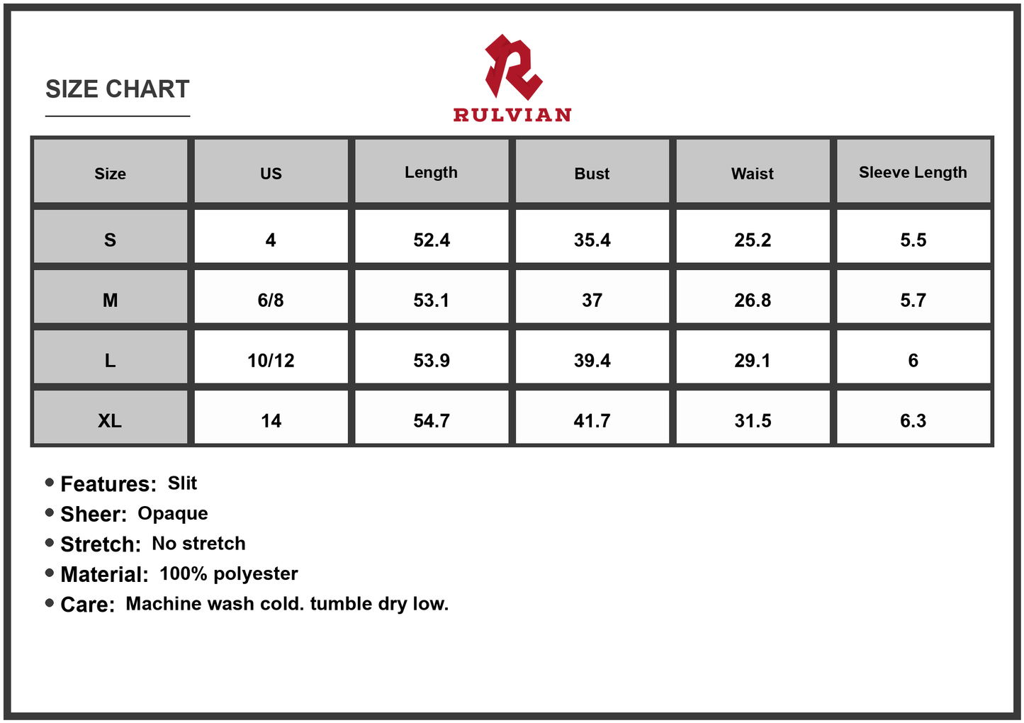 Size Chart - Women's Slit Printed V Neck Short Sleeve Dress 100% Polyester Fabric For Stylish Everyday Wear Beach Party Look