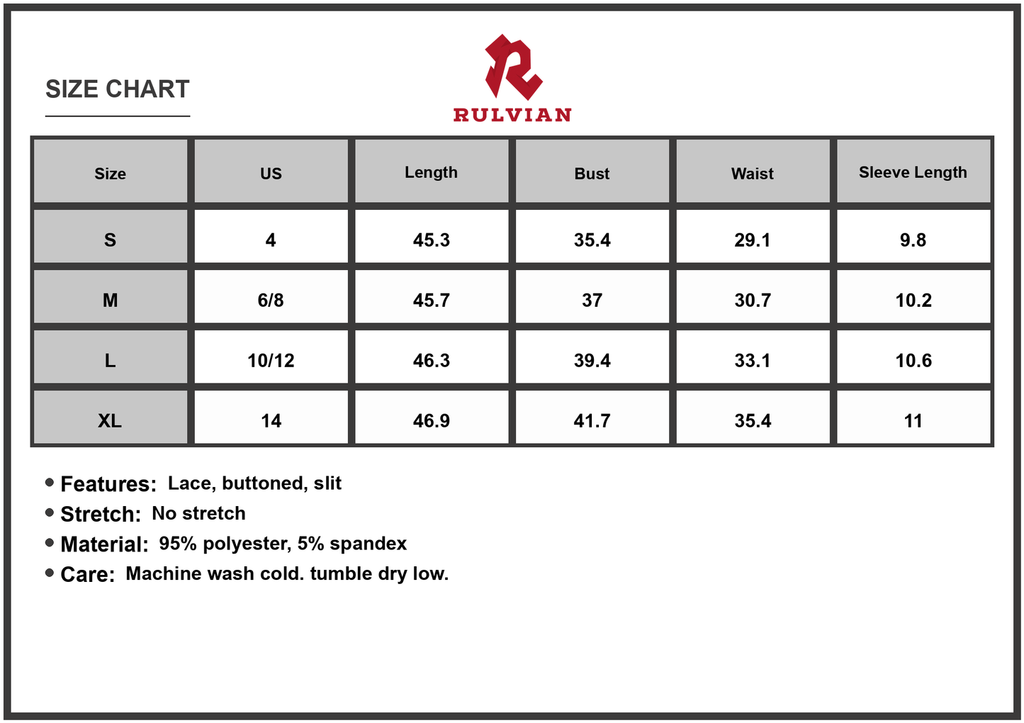 Size Chart - Women's Lace V-Neck Short Sleeve Dress with Buttoned Front and Side Slit 95% Polyester and 5% Spandex For All Occasions