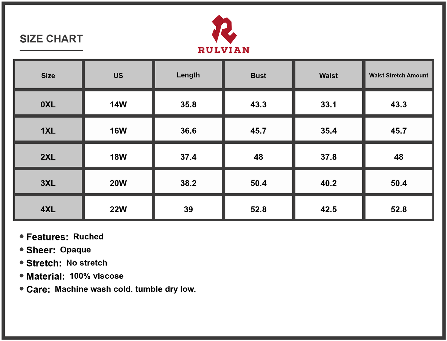 Size Chart - Women's Plus Size Ruched Printed Long Sleeve Dress 100% viscose for Comfortable Fit and Everyday Style Easy Care