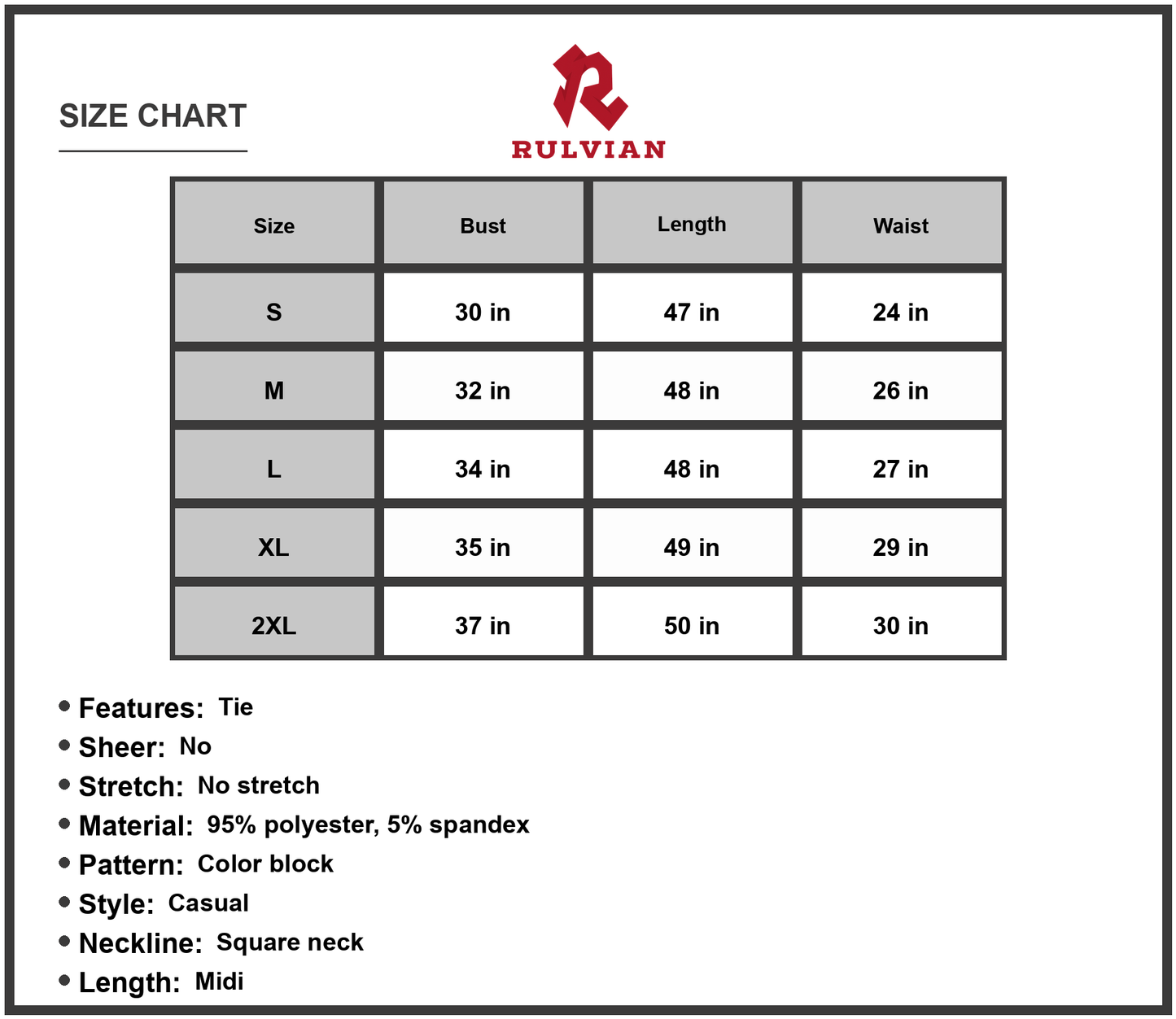 Size Chart - Women's Color Block Tie Shoulder Midi Dress With Square Neck Sleeveless Tiered Design 95% Polyester 5% Spandex Casual