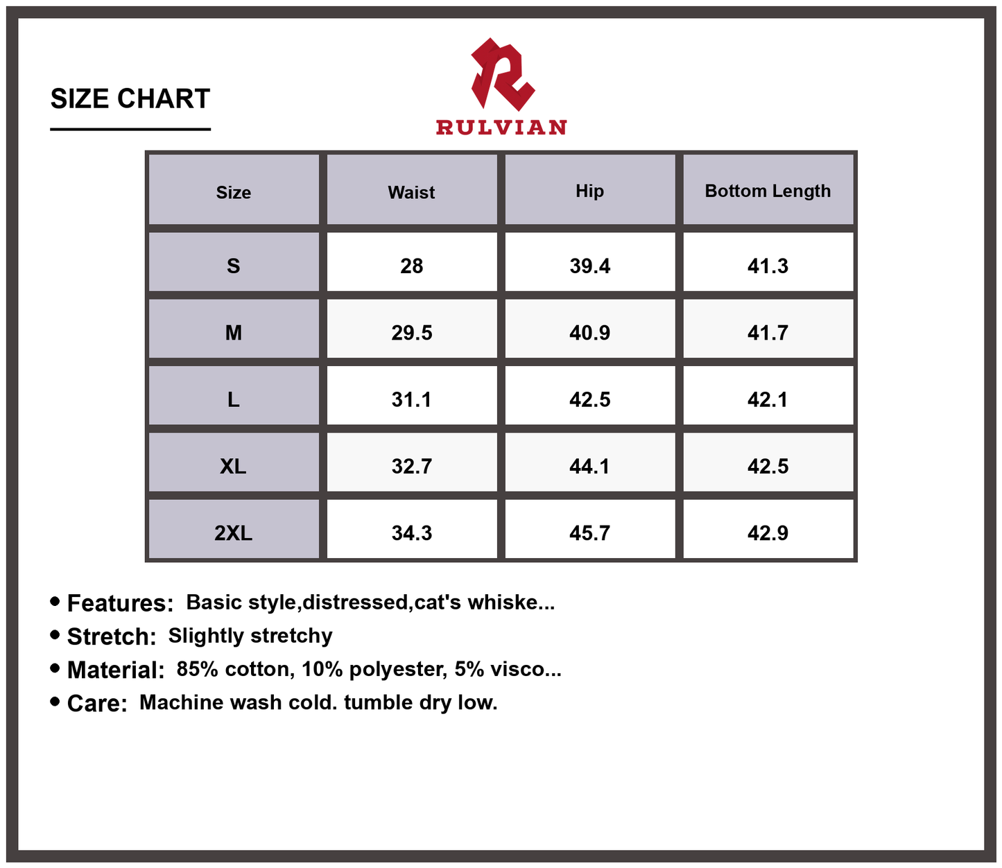Size Chart - Men's Vintage Washed Relaxed Fit Distressed Premium Jeans High Quality Everyday Casual Wear Durable Versatile Apparel