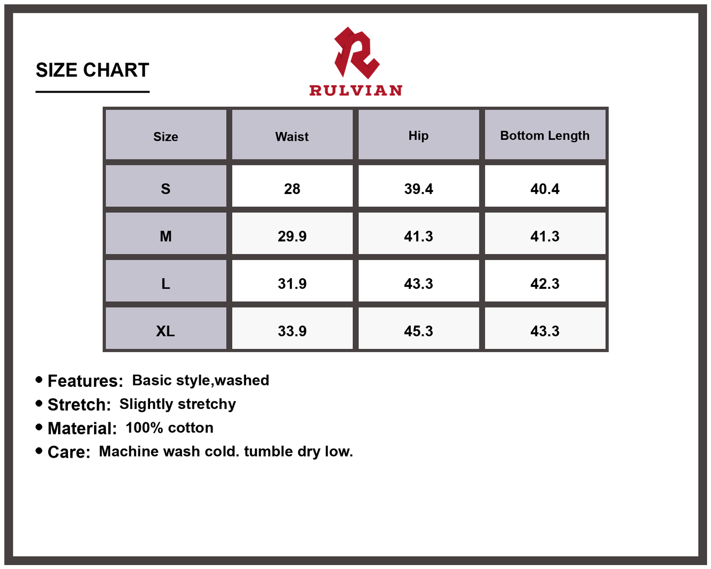 Size Chart - Men's Wide Leg Relaxed Fit Jeans Washed Slightly Stretchy Premium Quality Durable Denim Pants for Casual Everyday Versatile Wear