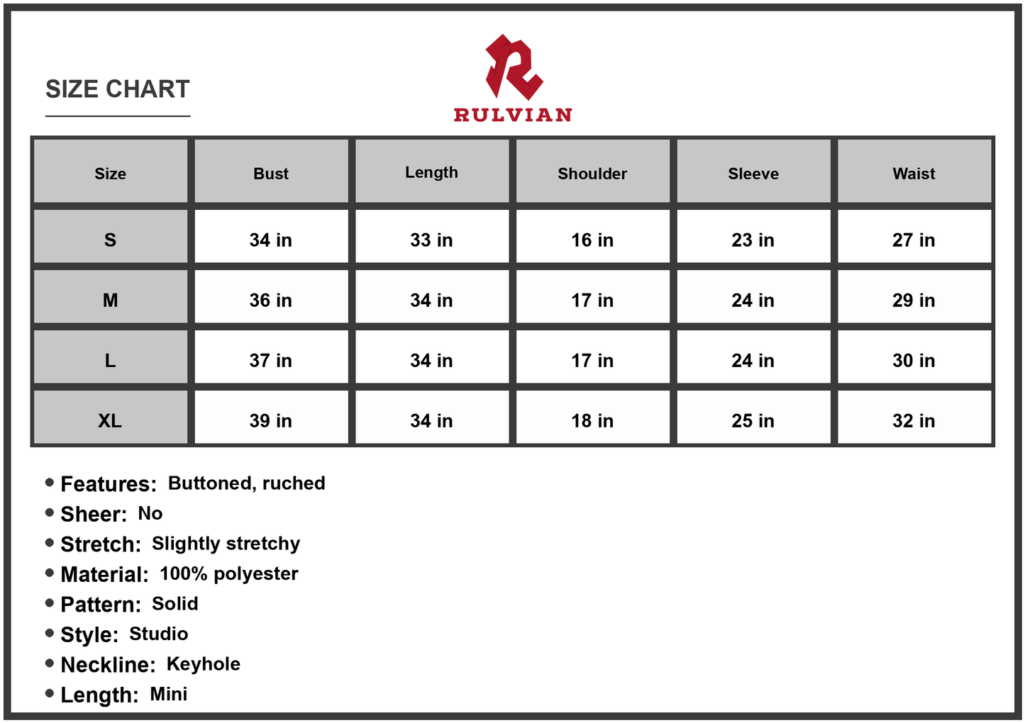 Size Chart - Women's Cutout Turtleneck A Line Mini Dress Casual Everyday Wear Ideal Vacation Look Long Sleeves 100% Polyester