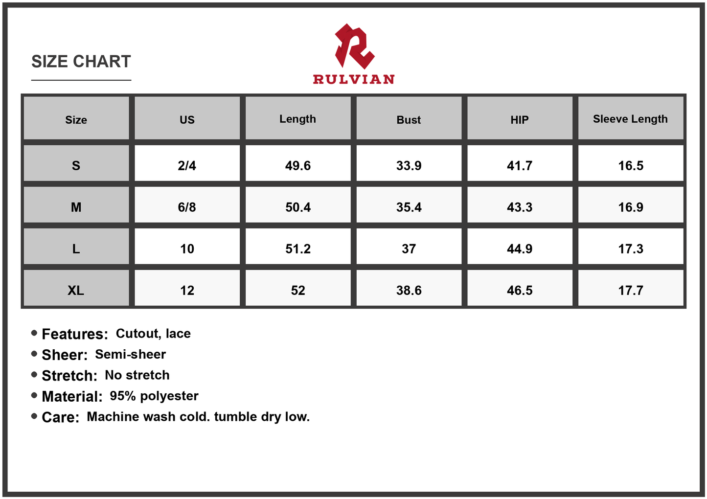 Size Chart - Women's Lace Cutout Surplice Half Sleeve Dress with Sheer Bodice and Lined Skirt 95% Polyester Fabric Casual Wear