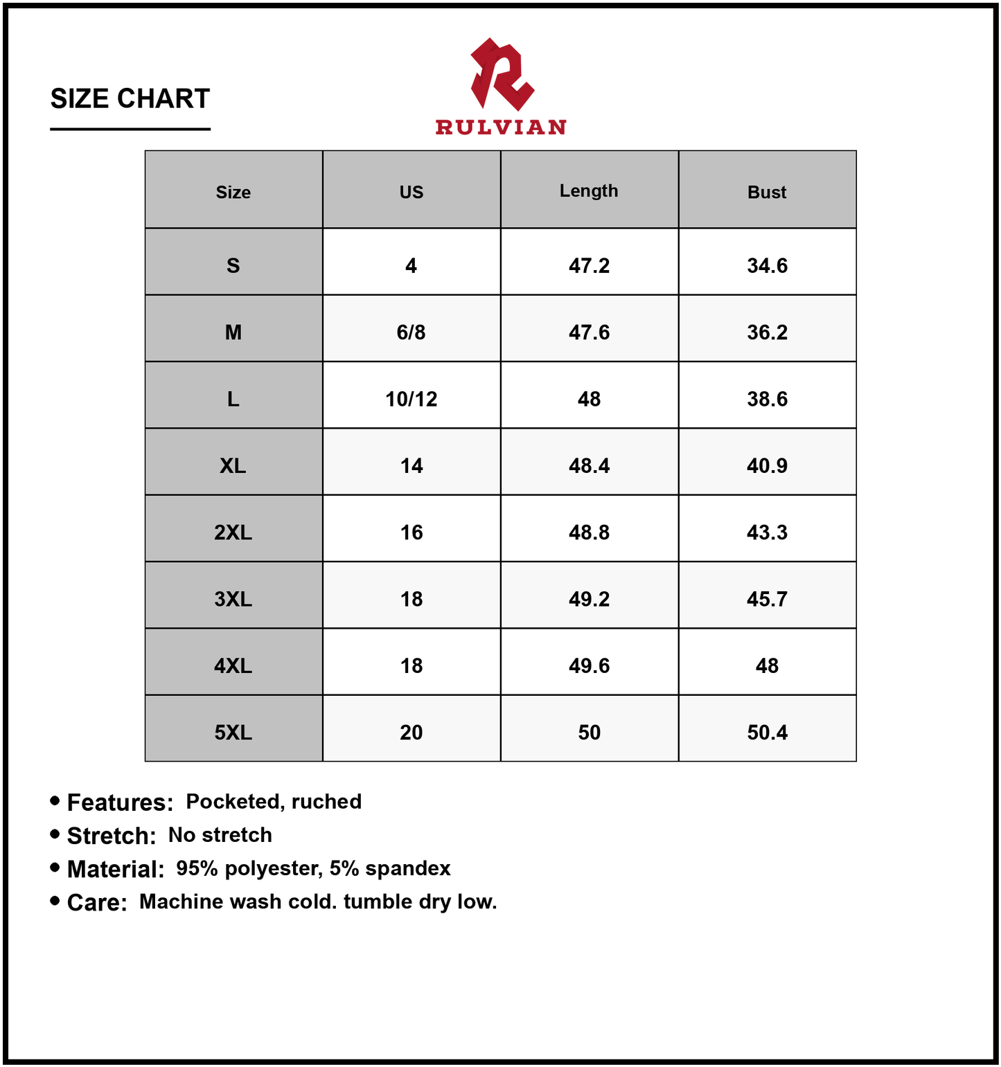 Size Chart - Women's Full Size V Neck Sleeveless Dress with Pockets Plus Size Casual Flattering Fit 95% Polyester 5% Spandex