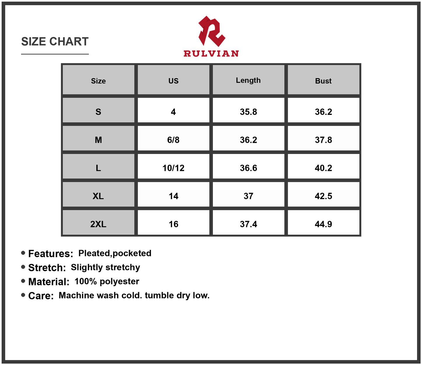 Size Chart - Women's Flowy Pleated Tank Dress with Pockets 100% Polyester Lightweight Comfort Wear Summer Day to Night Ready