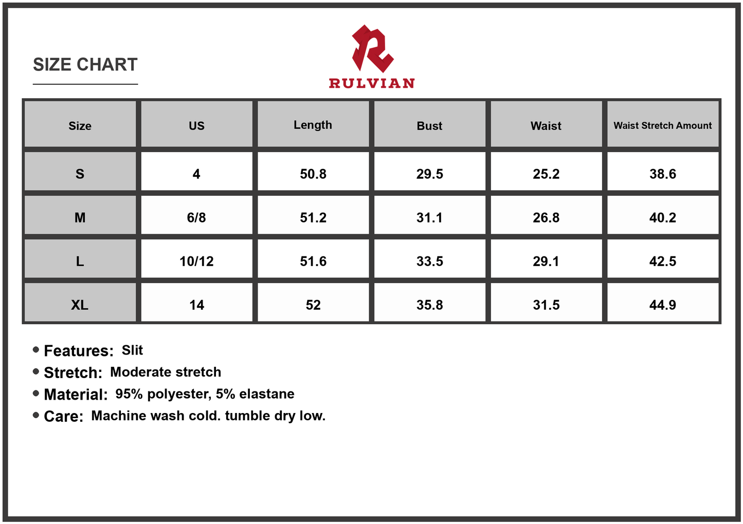 Size Chart - Women's Square Neck Wide Strap Midi Tank Dress with Slit Stretch 95% Polyester 5% Elastane Moderate stretch for comfort