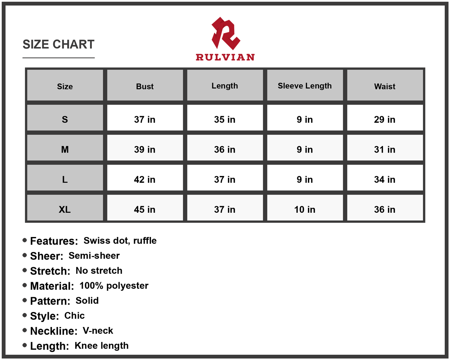 Size Chart - Women's Swiss Dot V Neck Openwork Puff Sleeve Knee Length Dress A Line Silhouette Comfortable Easy Care 100% Polyester