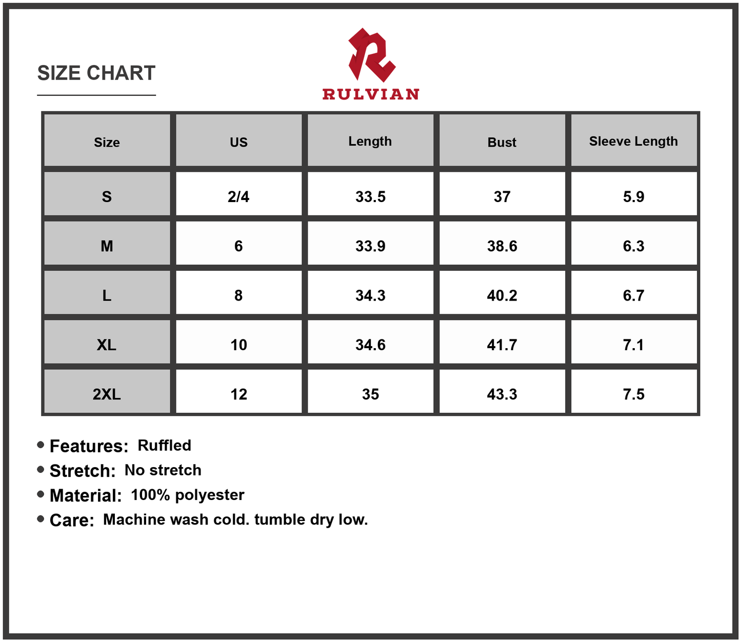 Size Chart - Women's Printed Ruffled Hem V Neck Short Sleeve Mini Dress 100% Polyester Lightweight Everyday Style For Daily Wear