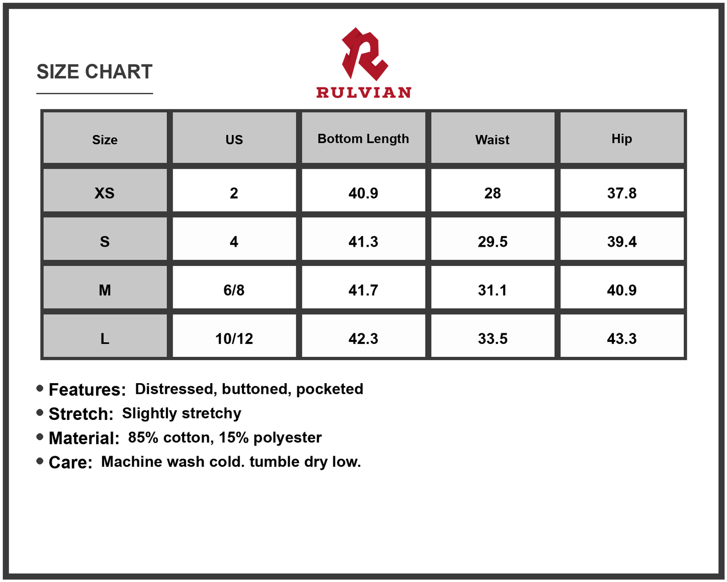 Size Chart - Womens Distressed Raw Hem Wide Leg Jeans Buttoned Front Pockets Casual Everyday Wear Durable Versatile Denim Bottoms