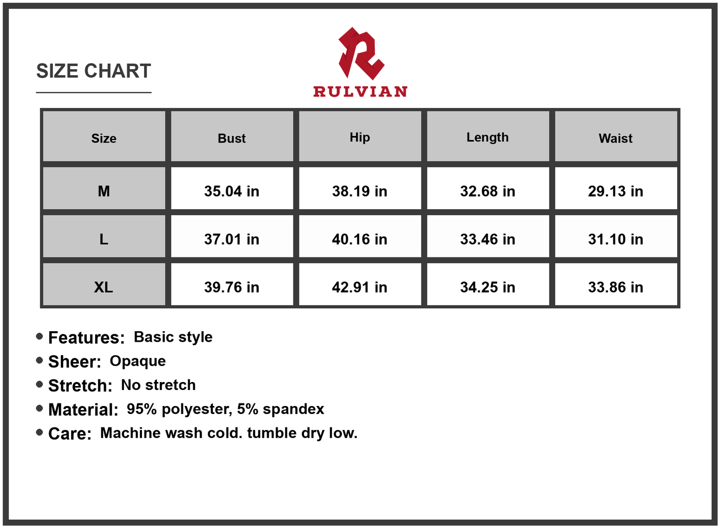 Size Chart - Women's Off Shoulder Dress with Three Quarter Sleeve for Evening or Day Wear Flattering Fit 95% polyester 5% spandex