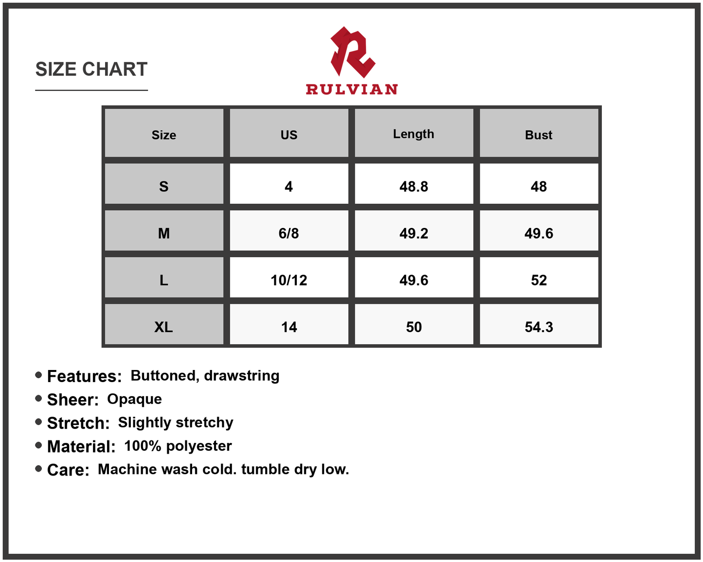 Size Chart - Women's Drawstring Collared Neck Short Sleeve Midi Dress with Buttoned Front and Sheer Detail in 100% Polyester
