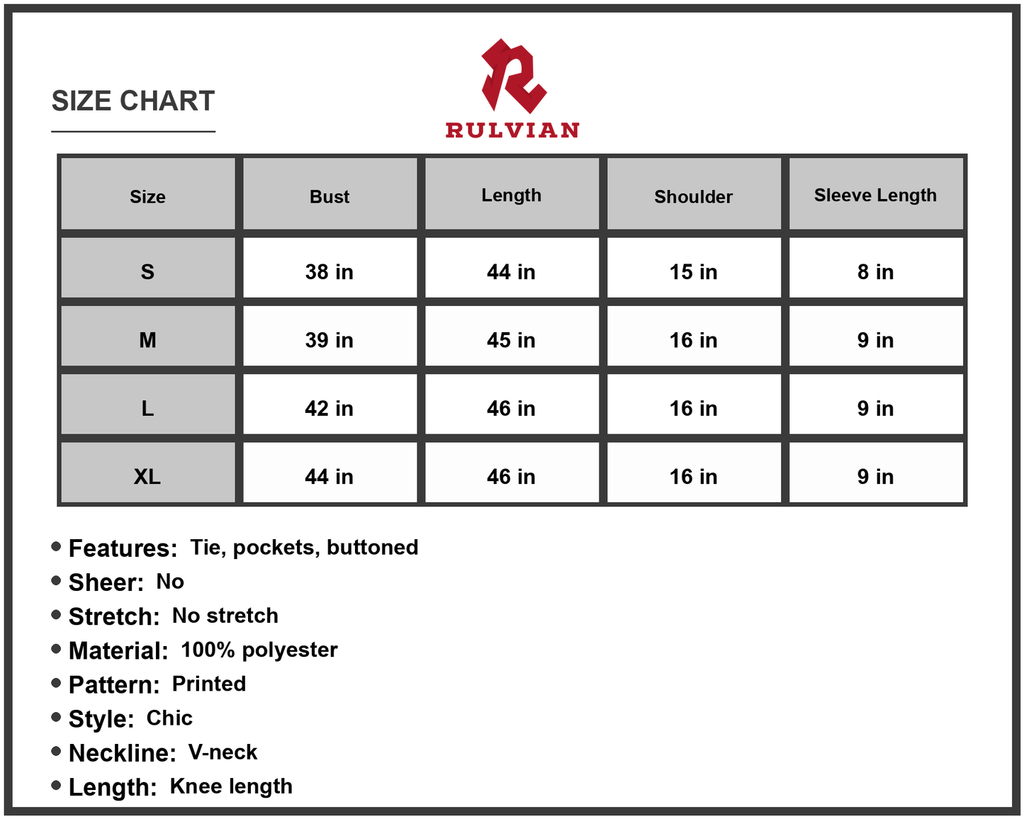 Size Chart - Women's Printed Buttoned V Neck Dress with Flutter Sleeve A Line Knee Length 100% Polyester Pockets with Tie Belt