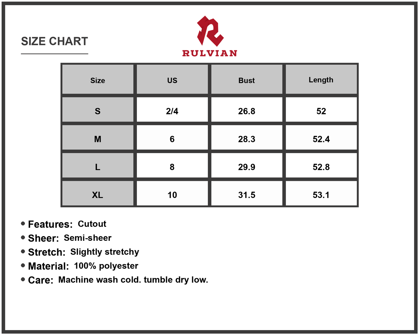 Size Chart - Women's Hollowed Out Sleeveless Maxi Dress Cutout Sheer Details Elegant Floor Length 100% Polyester Fabric Ideal Events