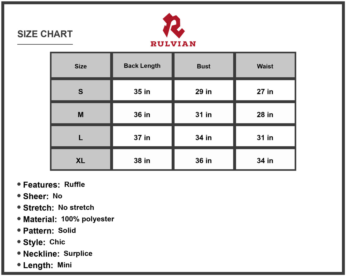 Size Chart - Women's Smocked Tie Back Ruffle Hem Dress Mini Length Surplice Neckline Flutter Sleeves Solid 100% polyester Casual
