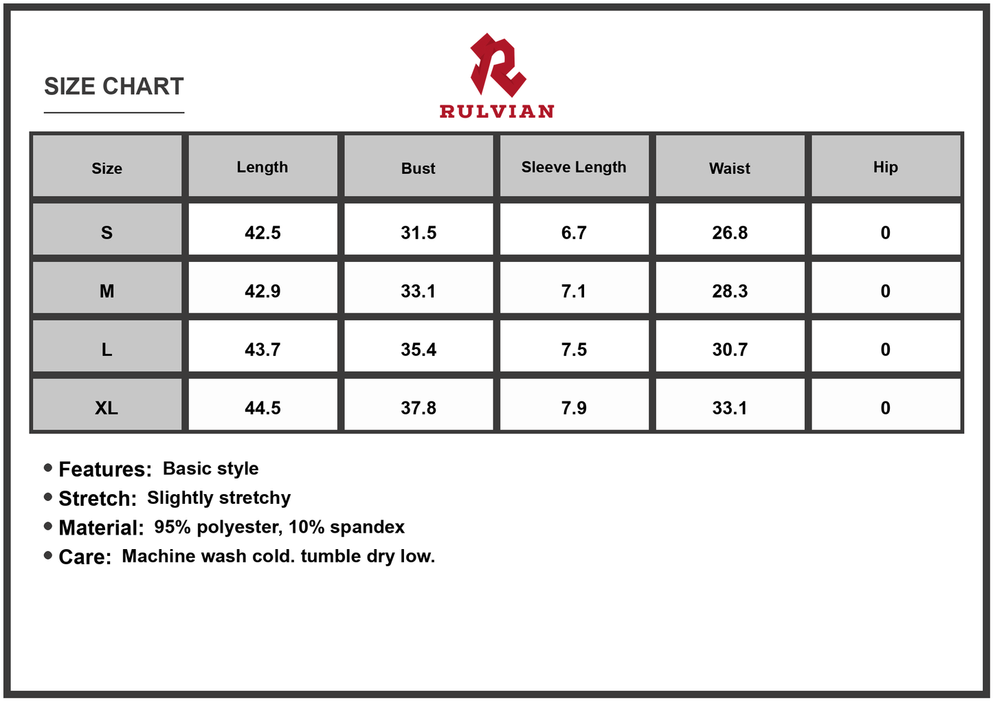 Size Chart - Women's Two Tone Short Sleeve Bodycon Dress with Stretch Ninety Five Percent Polyester and Ten Percent Spandex