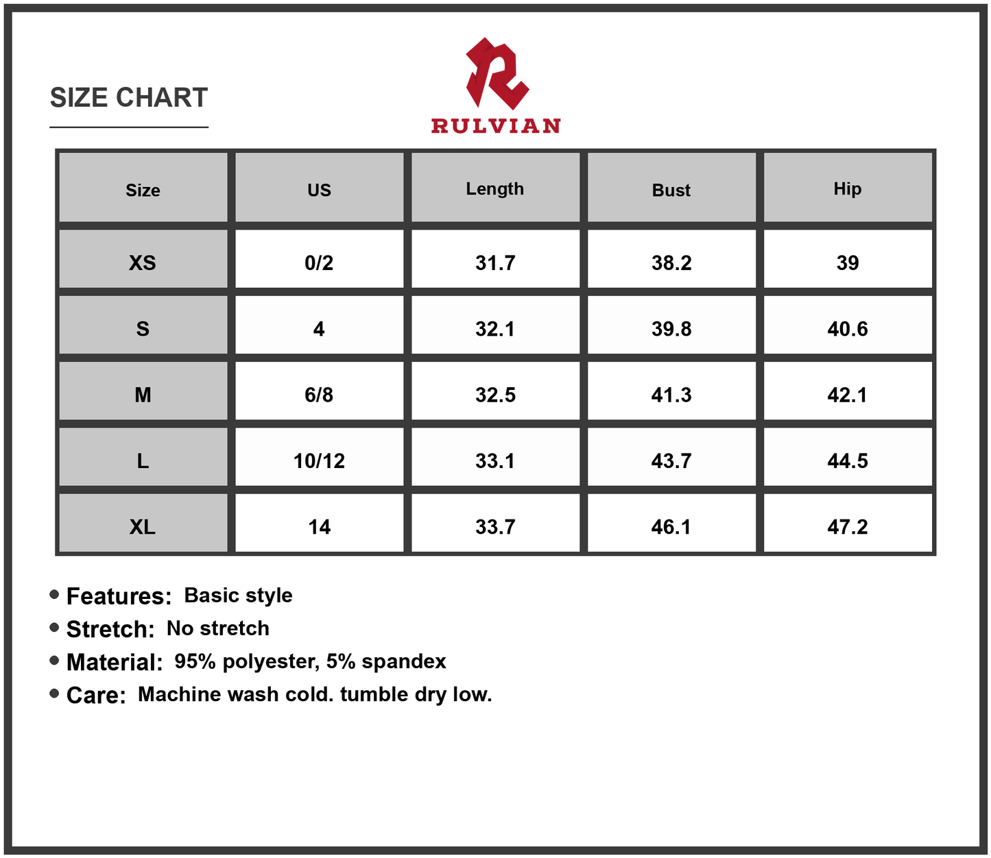 Size Chart - Men's Round Neck Short Sleeve Tee Dress with ninety five percent polyester and five percent spandex fabric for daily use