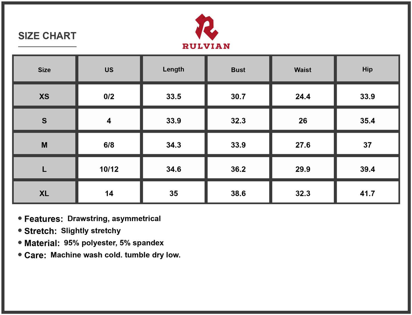 Size Chart - Women's Drawstring Ruched One Shoulder Mini Dress with Asymmetrical Stretch Silhouette 95% polyester 5% spandex