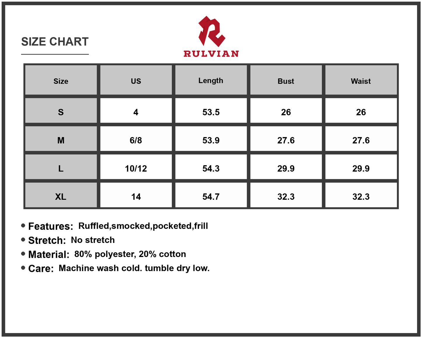 Size Chart - Women's Smocked Ruffled Square Neck Maxi Dress with Pockets for Everyday Wear Soft Flowing Fit 80% Polyester 20% Cotton
