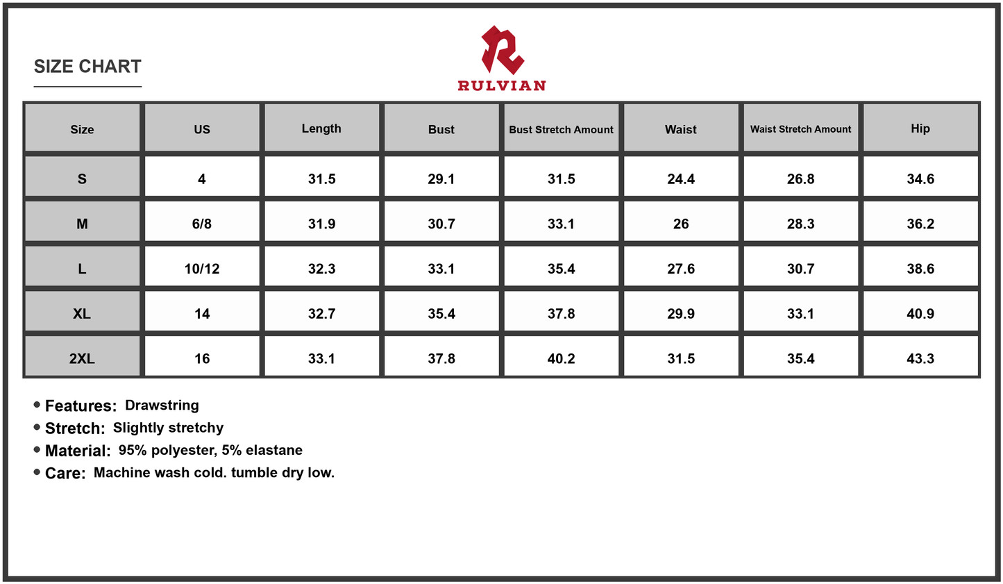Size Chart - Women's Drawstring Floral Mini Cami Dress with Slight Stretch ninety five percent polyester and five percent elastane