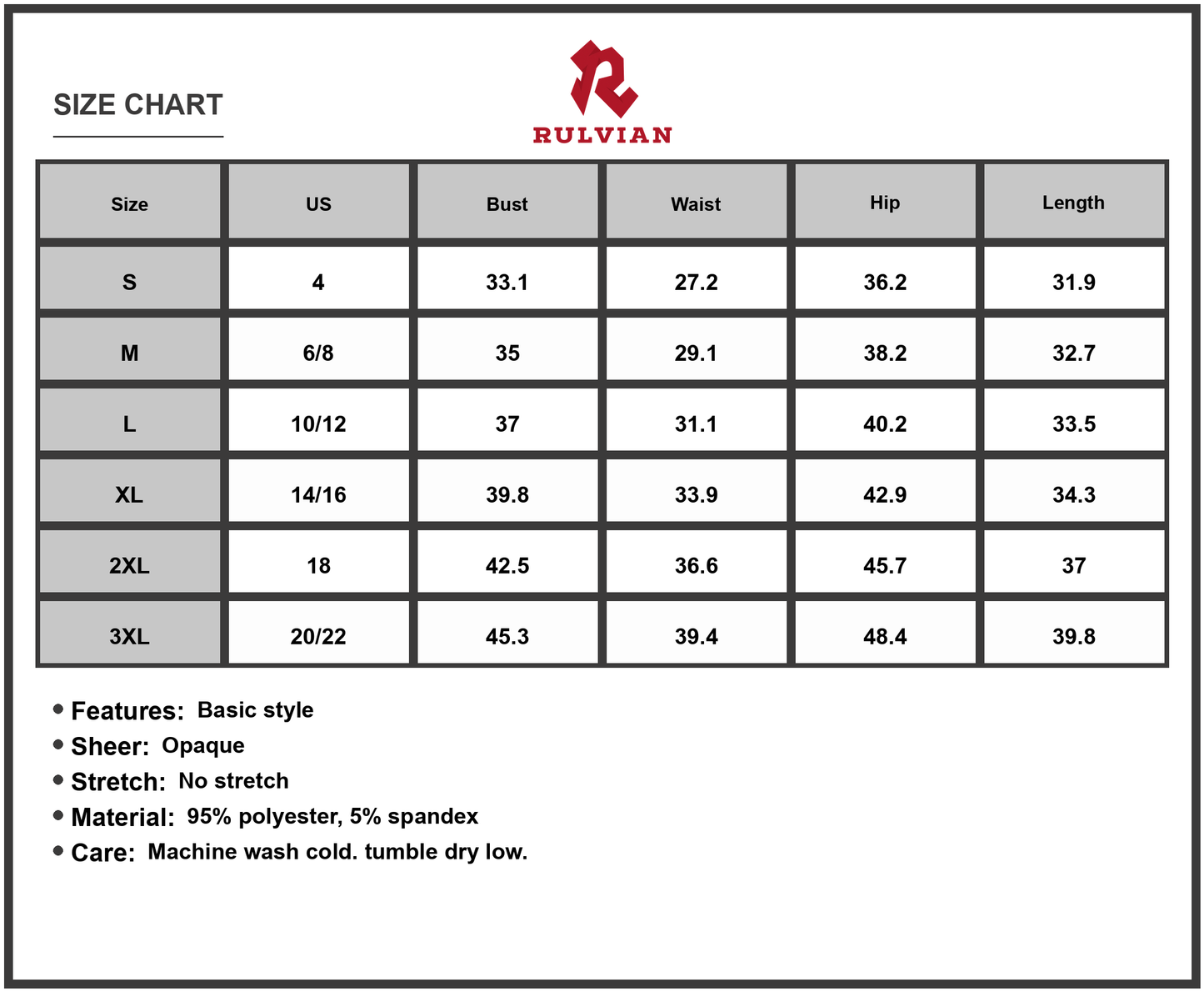 Size Chart - Women's Off Shoulder Dress Short Sleeve Basic Style Ninety Five Percent Polyester Five Percent Spandex Fabric Blend
