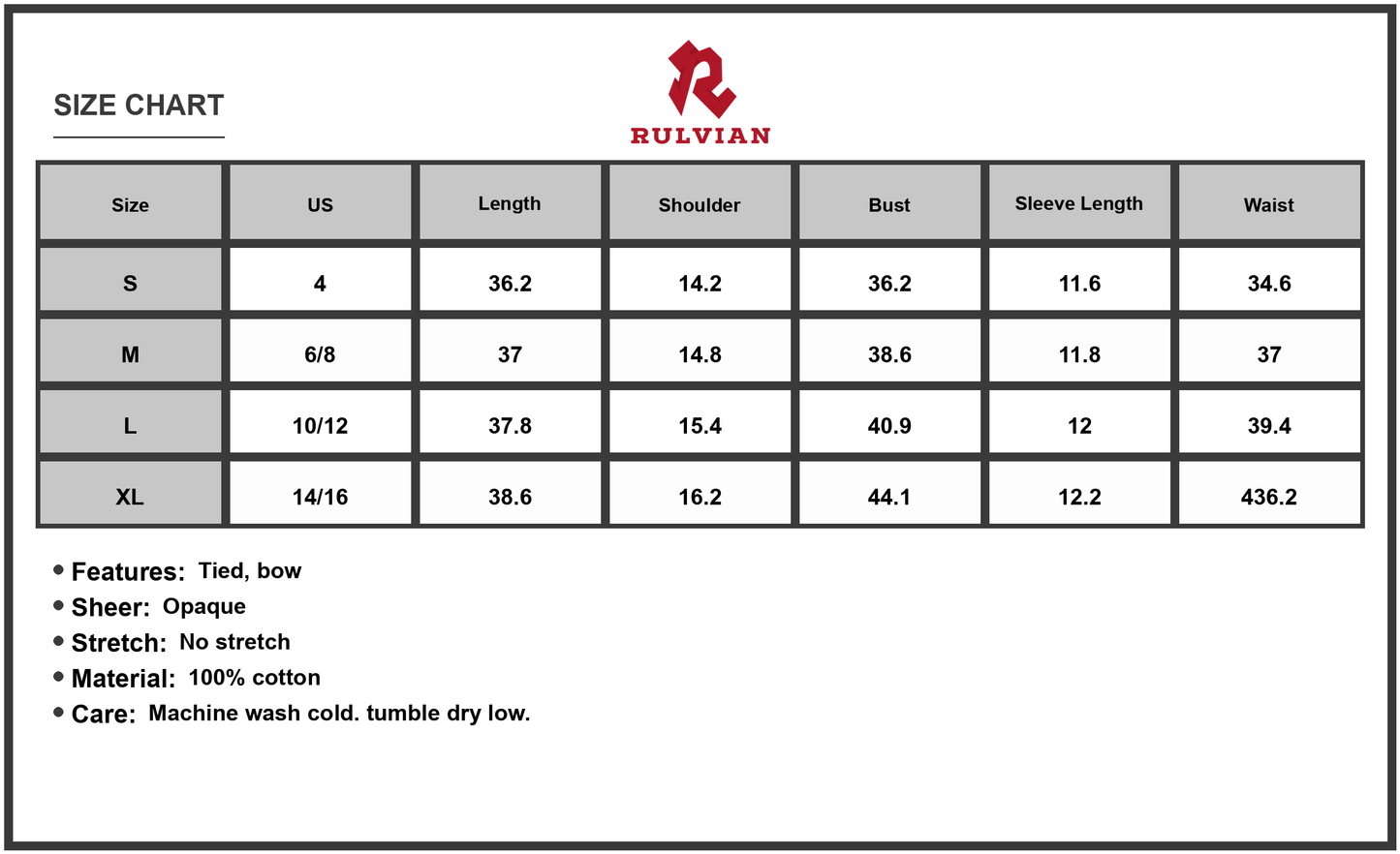 Size Chart - Women's Puff Sleeve Tie Front High Waist Mini Dress 100% Cotton Lightweight Comfortable Everyday Party Look Wardrobe