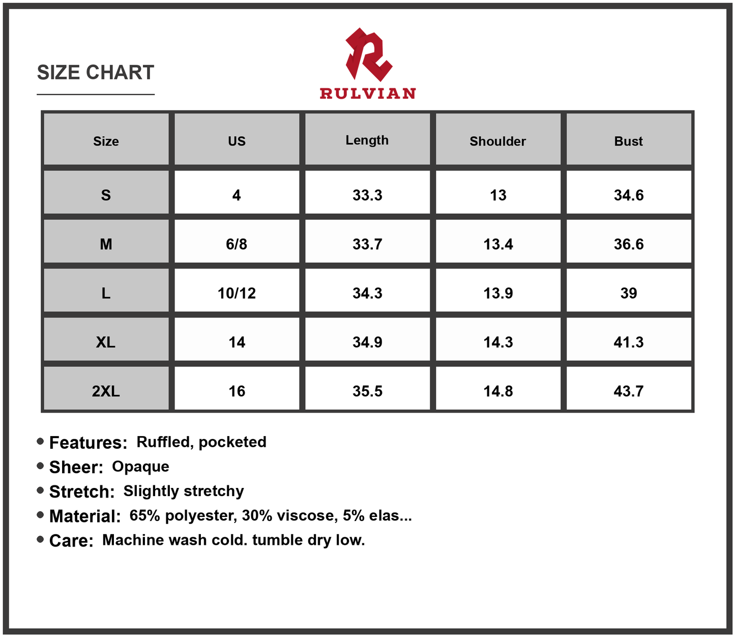 Size Chart - Women's Pocketed Ruffled Cap Sleeve Mini Dress with Sheer Overlay Lightweight 65% Polyester 30% Viscose 5% Elastane