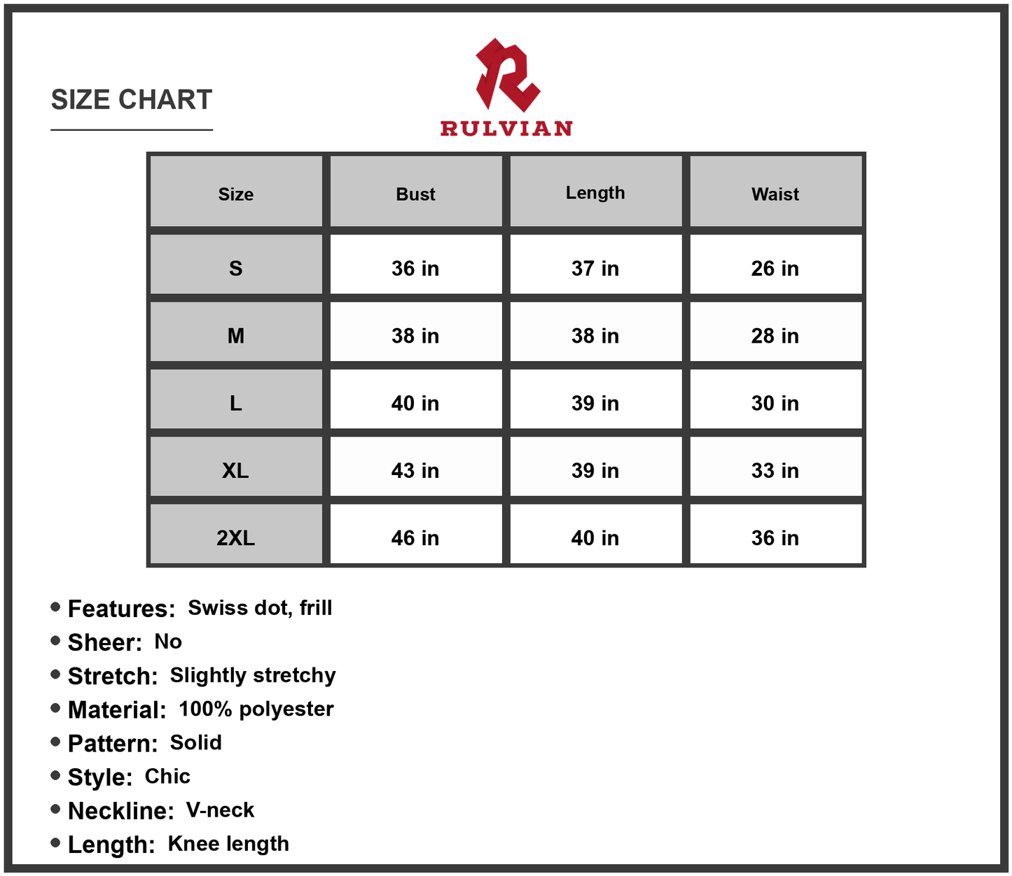 Size Chart - Women's Swiss Dot Frill Trim Flounce Sleeve V-Neck Knee Length Dress 100% polyester fabric for all day wear and drape