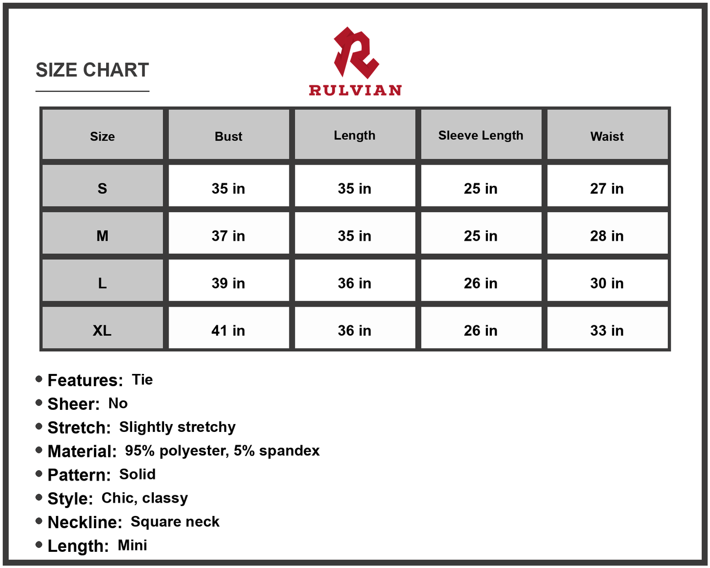 Size Chart - Women's Tied Square Neck Balloon Sleeve Dress Mini Casual Chic Look with Tie Neckline and Long Sleeves for Everyday Wear