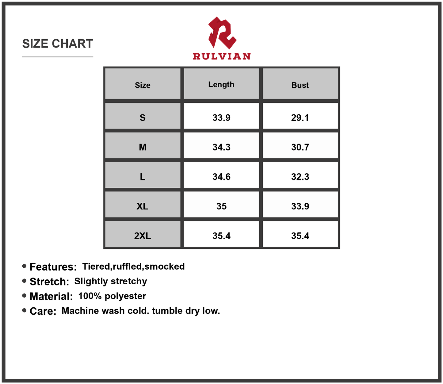 Size Chart - Women's Smocked Frill Cami Mini Dress with Tiered Ruffles and Stretch Polyester 100% Fabric for Summer Occasion